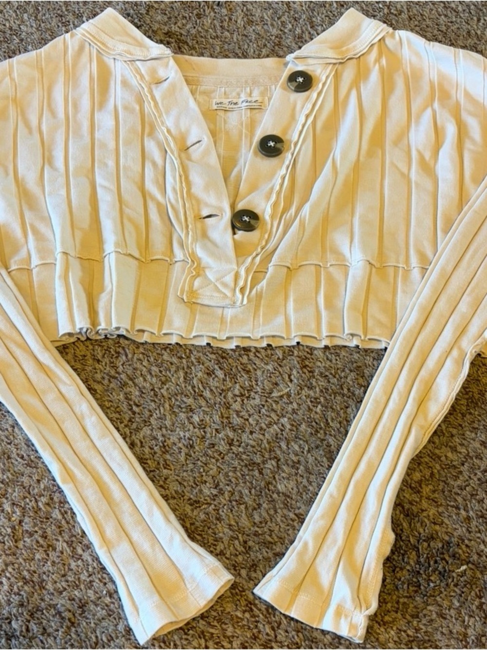 Free People Ribbed Cropped Button V-Neck Top in Cream